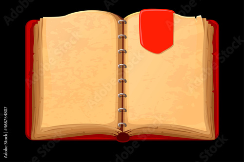 Old open blank red book with a bookmark.