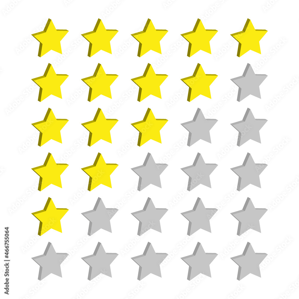 Neumorphic UI UX Design Elements 3D Vector Yellow Stars Rating System On White Background. Abstract Neumorphism Material Design Star Icons Set Achievement Rank Scale. Customer Product Rating Review