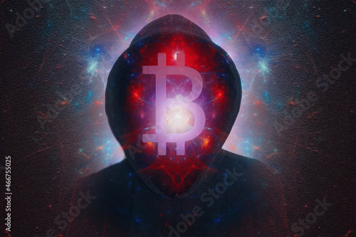 A cryptocurrency concept. Of a hooded figure with the bitcoin symbol. With a glowing energy floating around the figure.