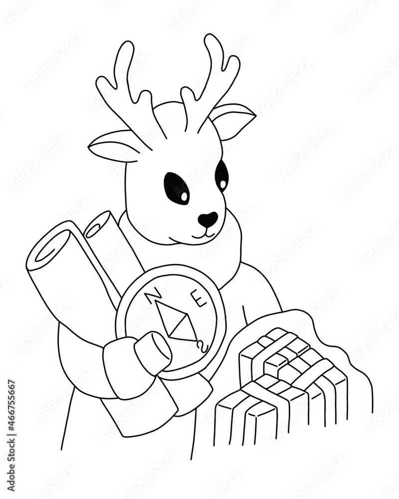 Obraz premium A Christmas deer in a jumper holds two old maps, a compass and a bag of gifts in its paws. Outline on a white background cartoon hand drawn illustration