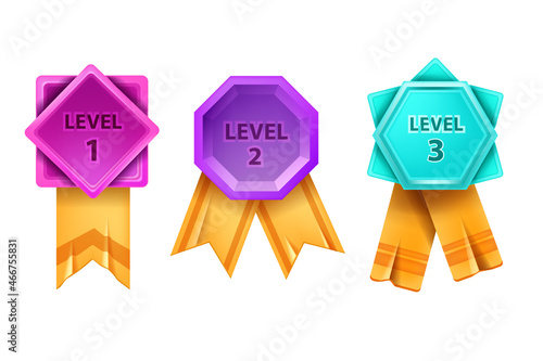 UI level up game icon, vector winner badge set, 3D bonus medal award coins collection, ribbon on white. Rank mobile app achievement prize, abstract geometric shapes trophy. Level up congrats sticker