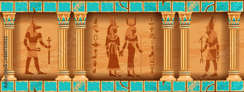 Egypt temple game background, ancient pharaoh pyramid interior, old stone column tomb wall. Civilization mythology architecture illustration, gods silhouette, hieroglyphs palace monument. Egypt temple