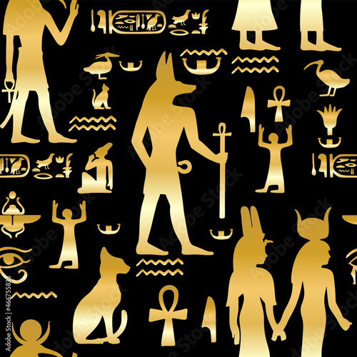 Egypt seamless pattern, vector ancient mythology ornament texture, gold goddess silhouette, hieroglyph. History African culture background, scarab, sun, cat, Anubis symbol. Egypt textile pattern