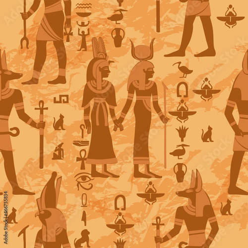 Egypt papyrus seamless pattern, vector ancient mythology background, kings gods silhouette, hieroglyph. Antique history paper texture, Anubis outline, old religion symbols. Egypt decoration pattern