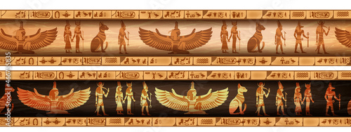 Egypt seamless border set, vector ancient ethnic ornament frame design, goddess silhouette. Old papyrus texture, vintage hieroglyph wall mural illustration, religion calligraphy print. Egypt border photo