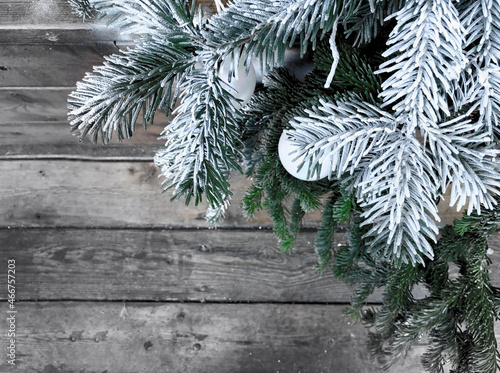 Pine branch on a blurred background from wooden boards.