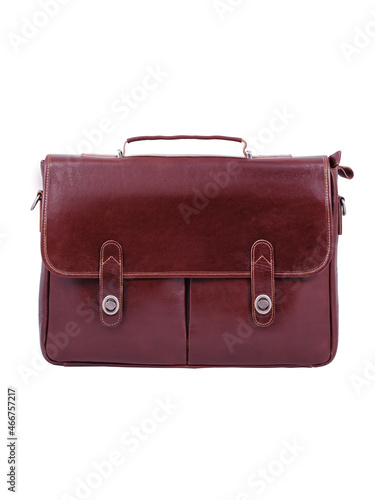 Leather briefcase from brown leather isolated on white background. Business briefcase front view.