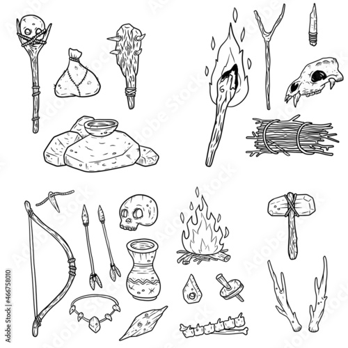 Set of primitive man items. Hut made of skins and bones, bow and arrow, stone hammer and axe, skull of man. Deer horn and fire. Drawn Sketch cartoon illustration