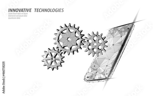 Smartphone settings help service low poly. New version software mobile system upgrade internet upload. Online information touch screen. Polygonal modern design vector illustration