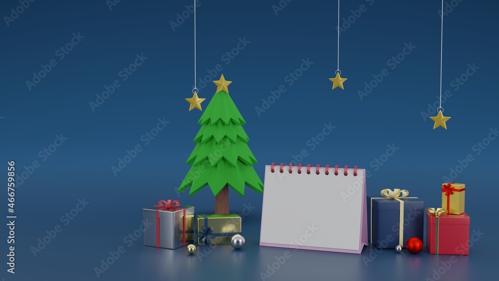 Blank calendar between present boxes or giftboxes festive celebration concept 3D rendering illustration