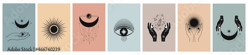 Hand drawn cards of mystical Sun with Moon, eyes and stars in line art. Spiritual symbol celestial space. Magic talisman, antique style, boho, vintage, tattoo, logo. Vector sketch set illustration