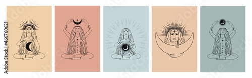 Hand drawn cards of silhouette mystical women with Sun, moon, star in line art. Spiritual abstract young woman. Magic collection, esoteric talisman. Vector sketch set illustration