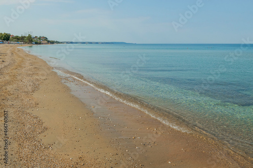 Fototapeta Naklejka Na Ścianę i Meble -  Amazing beauty white sand beach of Greece. Turquoise sea water and blue sky. Beautiful background. Greece.