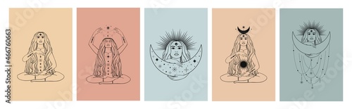 Hand drawn cards of silhouette mystical women with Sun, moon, star in line art. Spiritual abstract young woman. Magic collection, esoteric talisman. Vector sketch set illustration