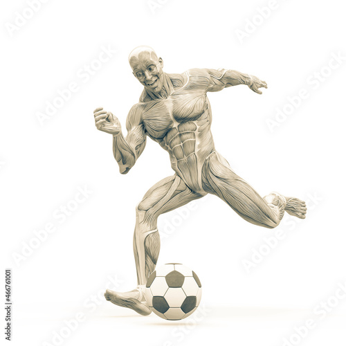 muscleman anatomy heroic body kicking the football ball in white background