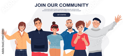 Join our team. Teamwork, cooperation, friendship concept. Multicultural team. Unity in diversity. People of different nationalities and religions cartoon characters. 