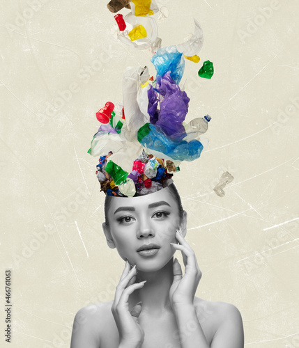 Modern design, contemporary art collage. Inspiration, idea, trendy urban magazine style. Chaos, mess in woman's head on light background photo