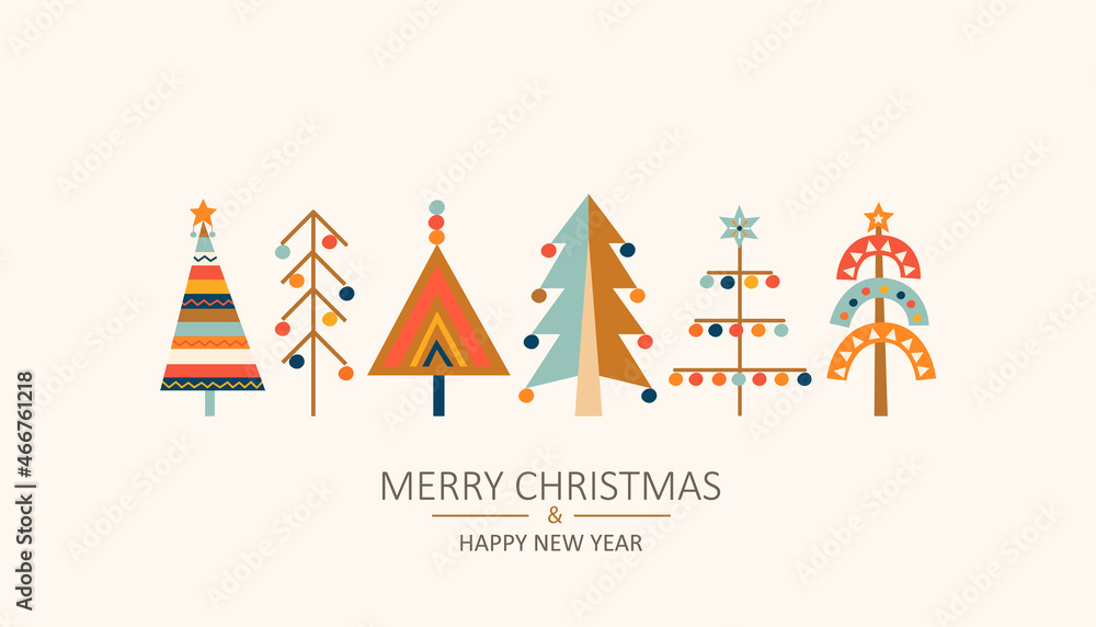 Christmas greeting card with hand drawn christmas trees with toys in Scandinavian style. Xmas isolated cozy decor elements. Template for invitation,wishing,design.Vector illustration.