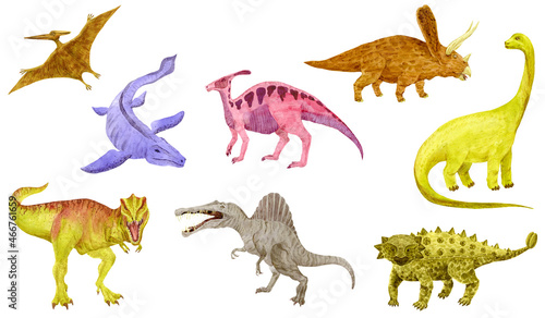Fototapeta Naklejka Na Ścianę i Meble -  Dinosaurs set isolated on white. Tyrannosaurus, Spinosaurus, Pteranodon, Ankylosaurus, Mosasaurus. Watercolor