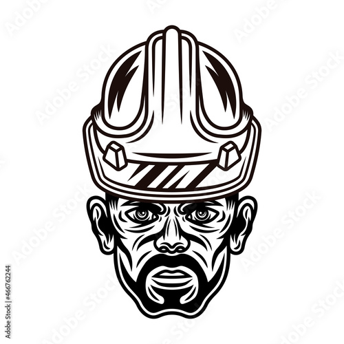 Worker man with bristle in hard hat vector illustration in monochrome vintage style isolated on white background