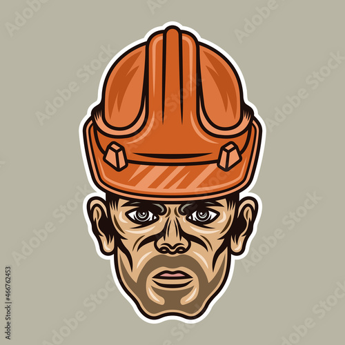 Worker man with bristle in hard hat vector illustration in colorful cartoon style isolated on light background