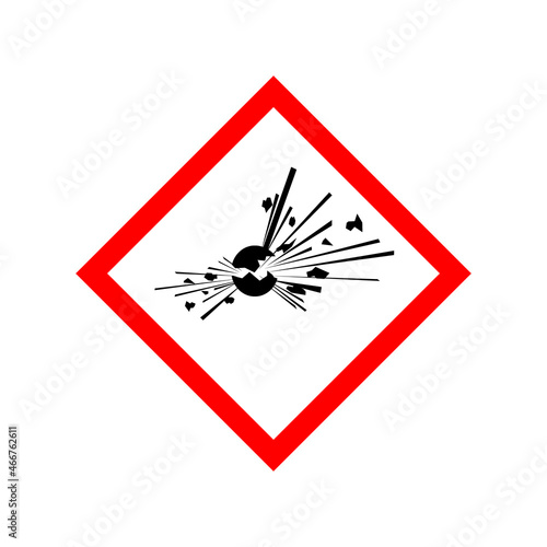 Explosive materials hazard sign. Substances and preparations which may explode.Vector illustration of red border square sign with explosion icon inside. Danger zone. Caution dangerous material.