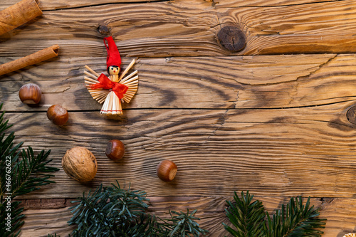 Traditional Czech Christmas on wood decoration with twig, apple, orange, fruit Fotobehang