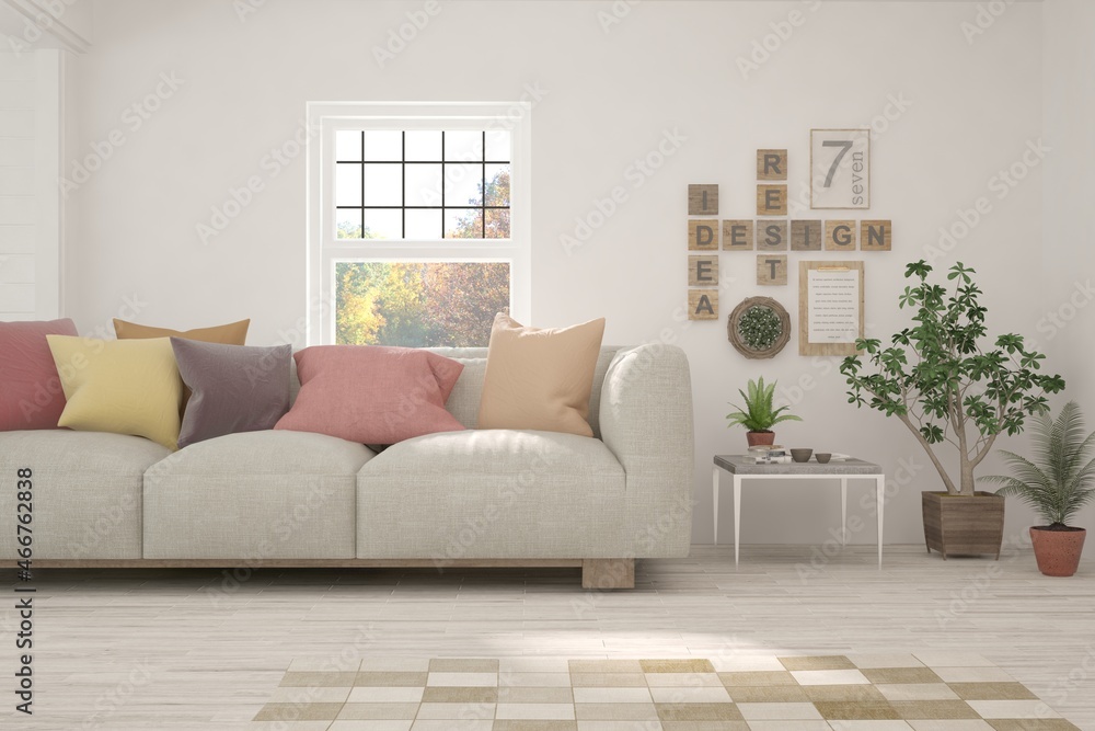 Stylish room in white color with sofa and autumn landscape in window. Scandinavian interior design. 3D illustration Stylish room in white color with sofa and autumn landscape in window. Scandinavian interior design. 3D illustration