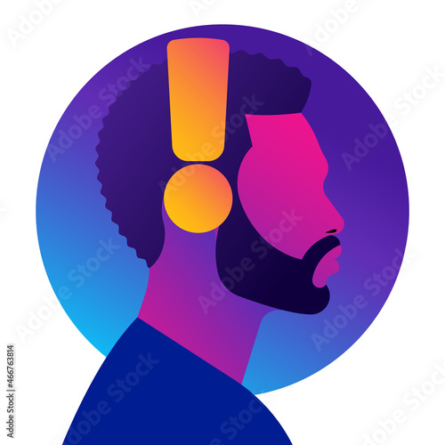 Bright man listening to music in headphones. Concept of podcast, audio chat, radio, meditation. Colored male silhouette, side view. Icon, logo, design, avatar. Contemporary vector illustration.