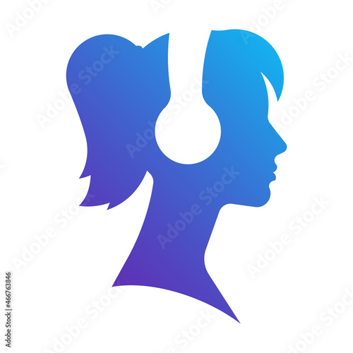 Little girl listening to music in headphones. Silhouette of teenager, side view, icon, logo, design, avatar, emblem. Contemporary vector illustration.