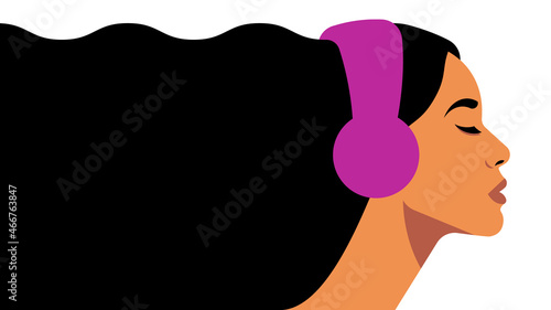 Woman in headphones. Young girl with long hair and listening to music. Concept of podcast, audiobook, radio, meditation. Female face, silhouette, side view. Contemporary vector illustration.