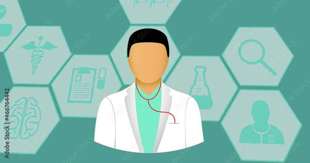 Animation of doctor icon over medical icons on green background Animation of doctor icon over medical icons on green background