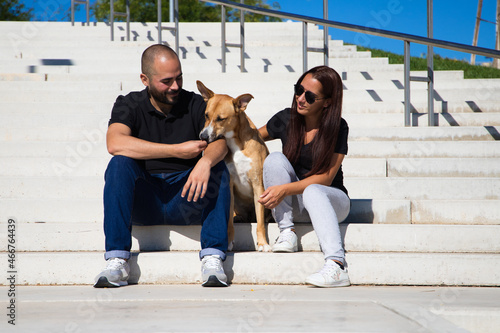 Quadro su tela Adult couple sitting on a park bench with their dog posing for a family photo