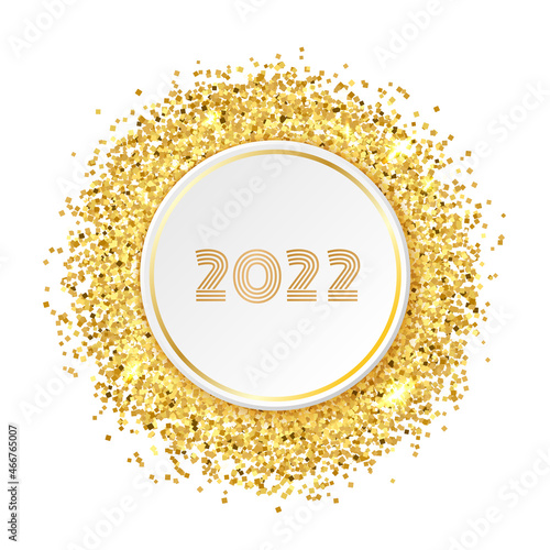 Happy new year 2022 greeting card template. Round gold glitter frame with paper circle and numbers 2022