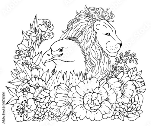 Fototapeta Naklejka Na Ścianę i Meble -  Illustration. Portrait of a lion and an eagle among the flowers. Coloring book. Antistress for adults and children. The work was done in manual mode. Black and white.