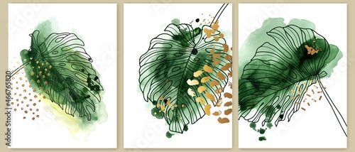 Set of elegant vertical watercolor exotic wallpapers, posters, wall art, cards, covers design. Monstera leaves