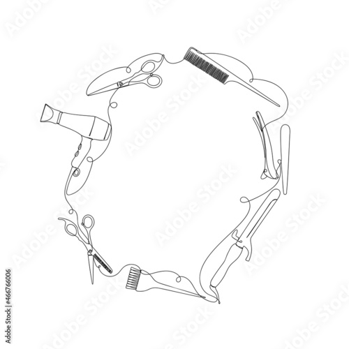 Circle of hairdresser details in linear style on white. Hand drawn continuous line art vector illustration. Scissors, a comb, a hairdryer, hairpins and coloring brush isolated on white.