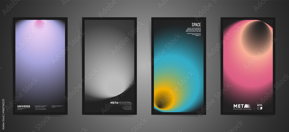 Modern creative artwork backgrounds template design for stories, vertical posters, social media posts and story banners. Blurry soft light gradients in futuristic space style. Vector aesthetic set.
