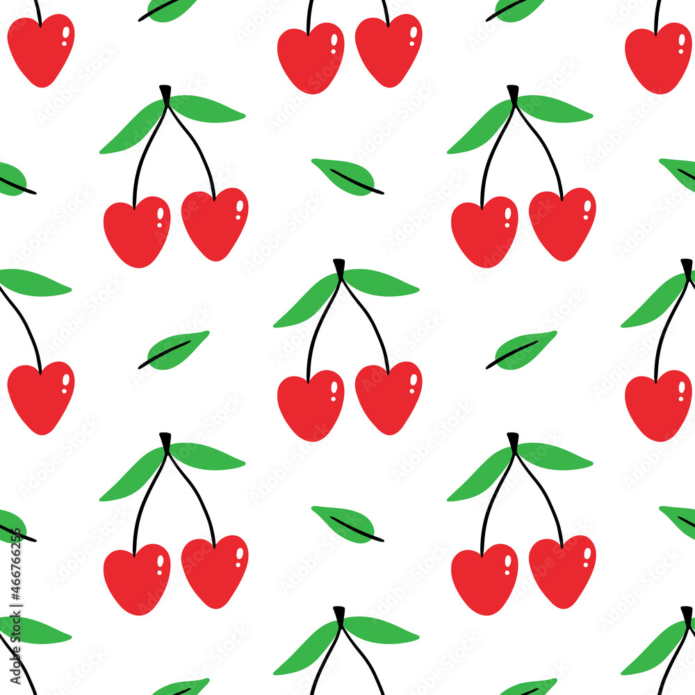 Cute heart-shaped red cherries and green leaves vector seamless pattern background. Cute heart-shaped red cherries and green leaves vector seamless pattern background.