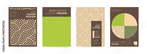 Geometric modern artwork asian minimalism template collection. Abstract vector japanese wavy lines. Cover template for poster, brochure, flyer, banner, background. Vintage beige brown sea ocean patter