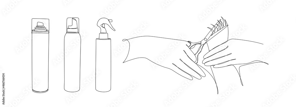 Obraz premium Continuous black line of hands with scissors and hair fixation spray. Set of hairdresser details in linear style on white. Hand drawn continuous line art vector illustration. 