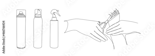 Continuous black line of hands with scissors and hair fixation spray. Set of hairdresser details in linear style on white. Hand drawn continuous line art vector illustration. 