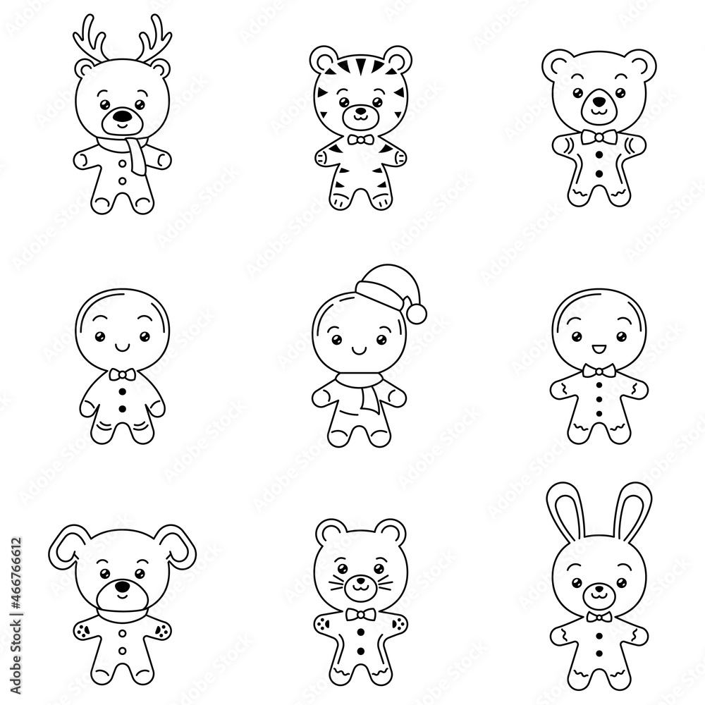 Set of outline Christmas gingerbread mans and gingerbread animals. Vector flat pattern with holiday cookie Set of outline Christmas gingerbread mans and gingerbread animals. Vector flat pattern with holiday cookie
