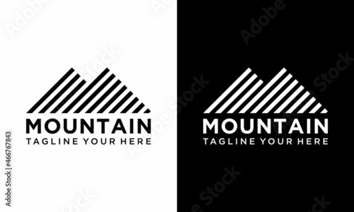 Simple modern mountain adventure logo design vector template on a black and white background.