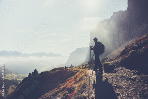 Silhouette of active hiker. Success, health, active life concept