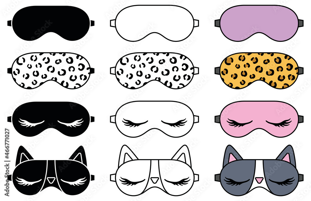 Sleeping Eye Mask Clipart Set Outline, Silhouette and Color Stock