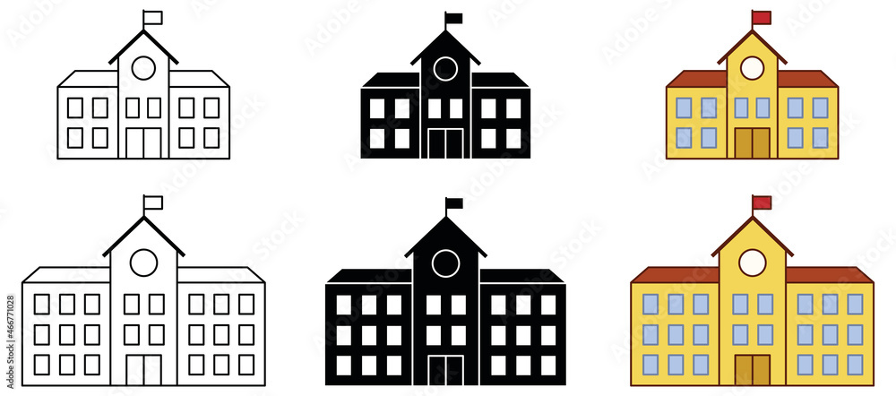 School Building Clipart Set - Outline, Silhouette and Color