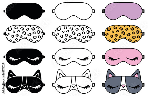 Sleeping Eye Mask Clipart Set - Outline, Silhouette and Color