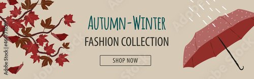 Horizontal banner for autumn-winter fashion new collection with red umbrella and maple branch with leafs. Promo background with autumn foliage in red  blue and beige tones with texts. 