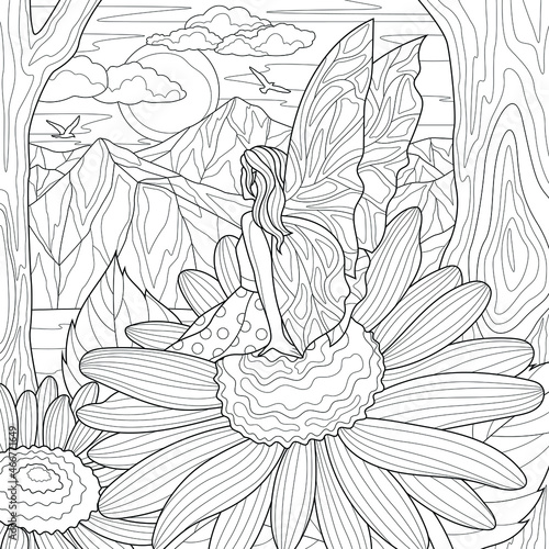 Fairy sits on a camomile and looks at the mountains and the sun.Coloring book antistress for children and adults. Illustration isolated on white background.Zen-tangle style. Hand draw.